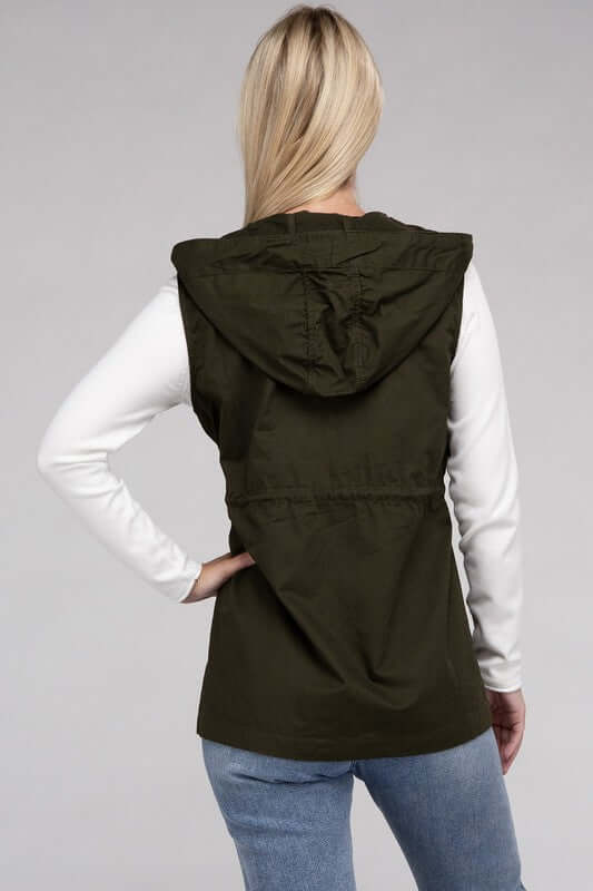 Drawstring Waist Military Hoodie Vest Jacket