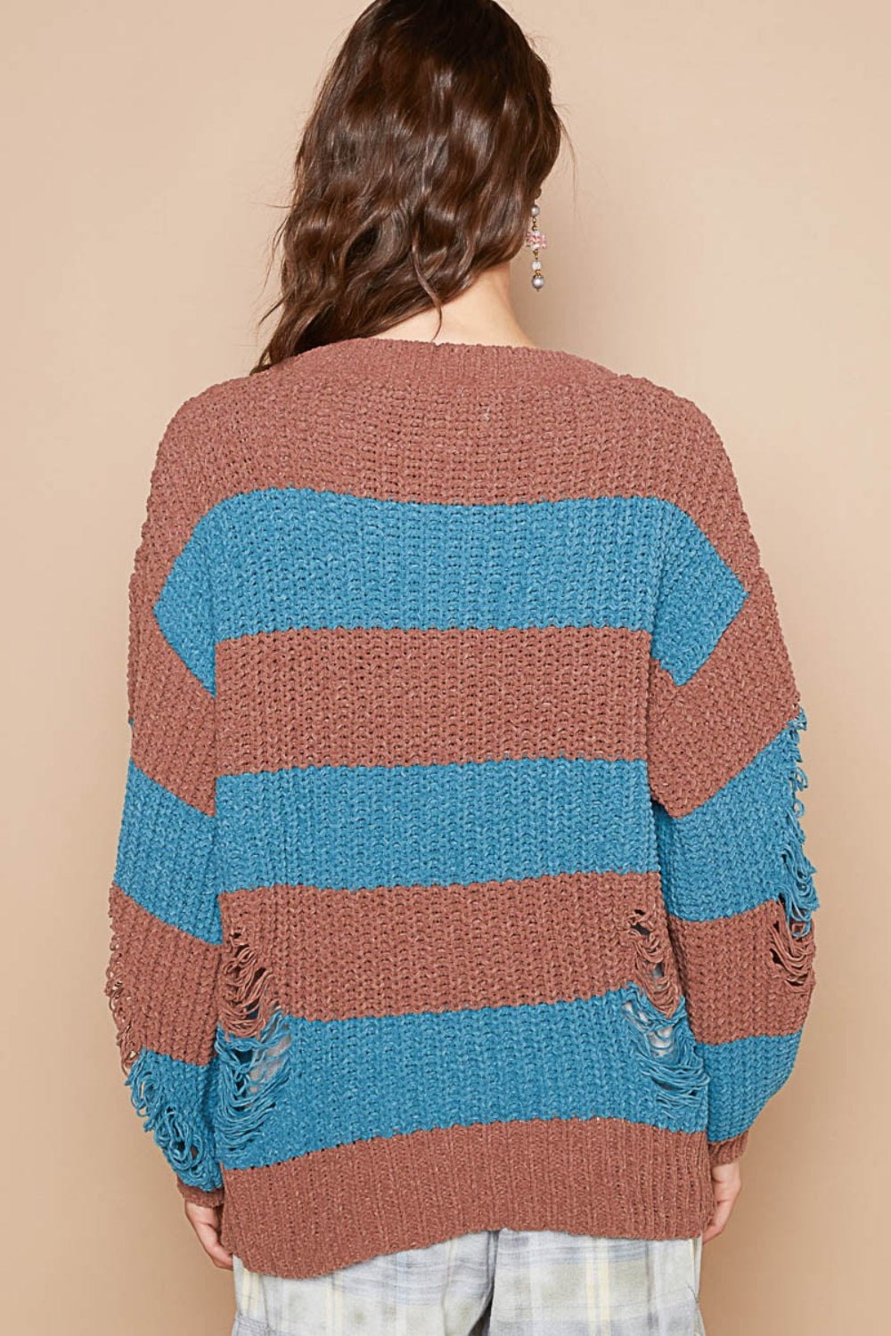 Brown Teal Striped Distressed Long Sleeve Sweater