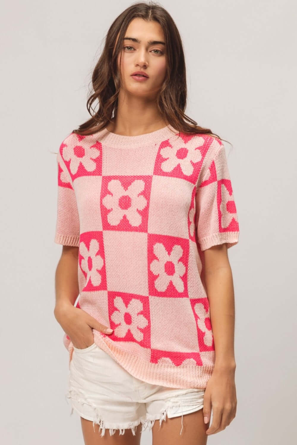 Pink Flower Checker Pattern Short Sleeve Sweater - Chic Style, Sweaters, $ 45.00, A Moment Of Now™