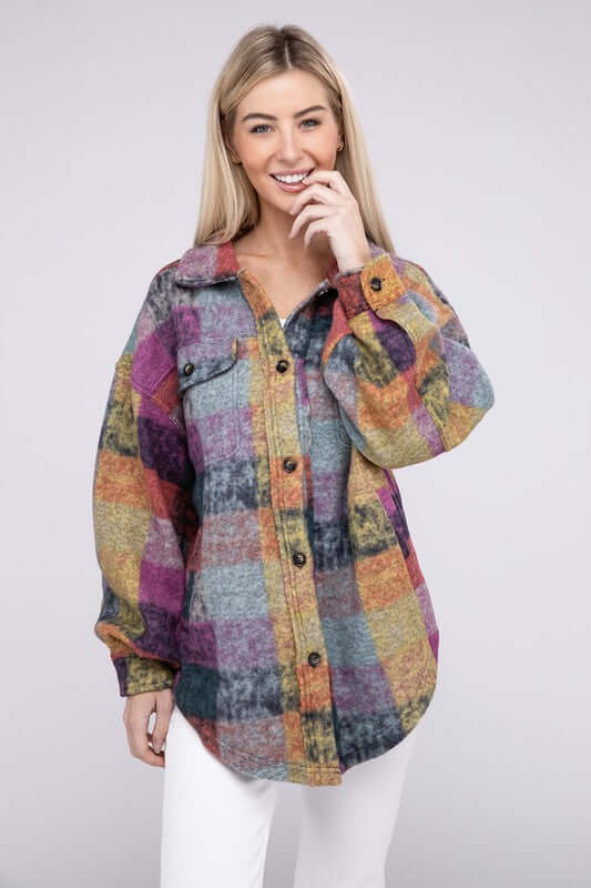 Women's Loose Fit Buttoned Down Check Shirt Jacket Plaid Shacket, BiBi, $ 55.00