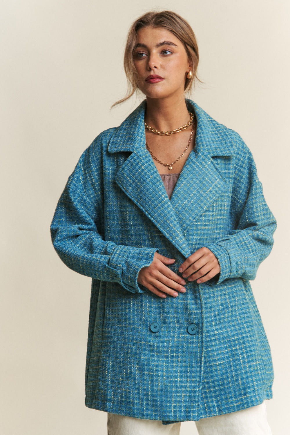 Emerald Sea Teal Tweed Double-Breasted Long Sleeve Coat