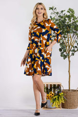 Brown Blue GeometricLong Sleeve Dress with Pockets, Celeste, $ 45.00