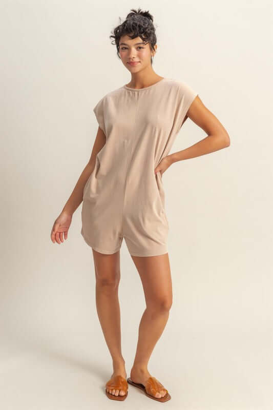 Tan Round Neck Cap Sleeve Romper - Breezy Comfort, Rompers, $ 44.00, A Moment Of Now™