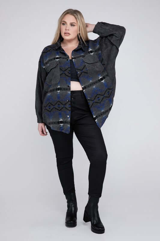 Women's Plus Size Printed Button Down Long Sleeve Jacket USA Boutique, Davi & Dani, $ 55.00