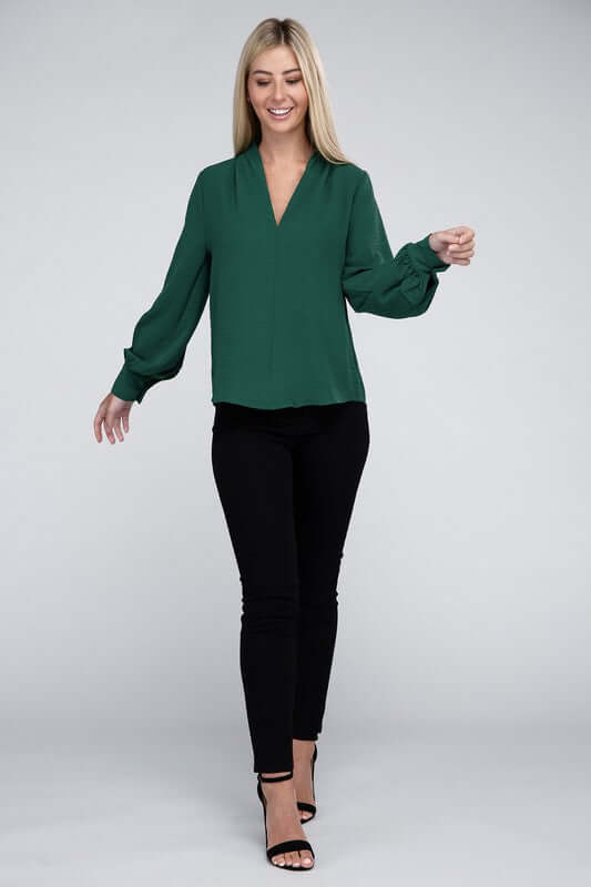 Woven Airflow V-Neck Long Sleeve Top, ZENANA, $ 26.95