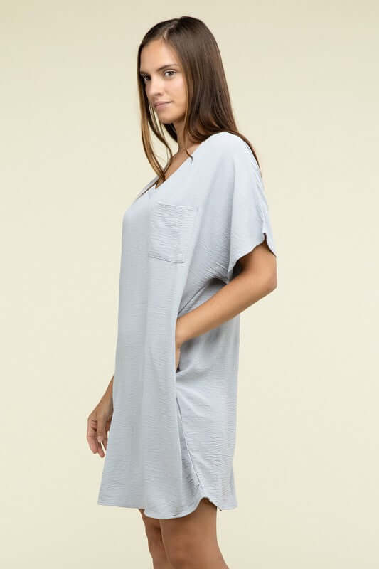 Causal Woven Airflow V Neck T-Shirt Dress with Pockets, ZENANA, $ 36.95