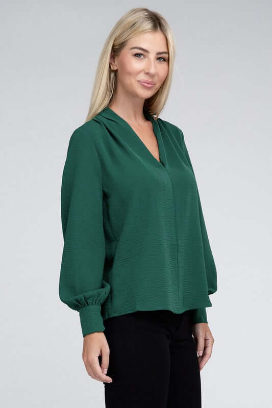 Woven Airflow V-Neck Long Sleeve Top, ZENANA, $ 26.95