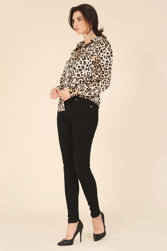 Brown Satin Leopard Long Sleeve Collared Blouse Shirt, Lilou, $ 29.95