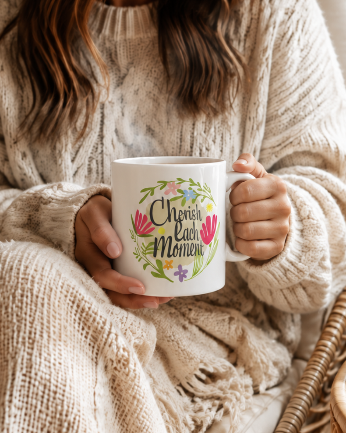 Cherish Each Moment Spring Flowers Hygge Lifestyle Inspirational Quote Coffee Tea Cup Mug