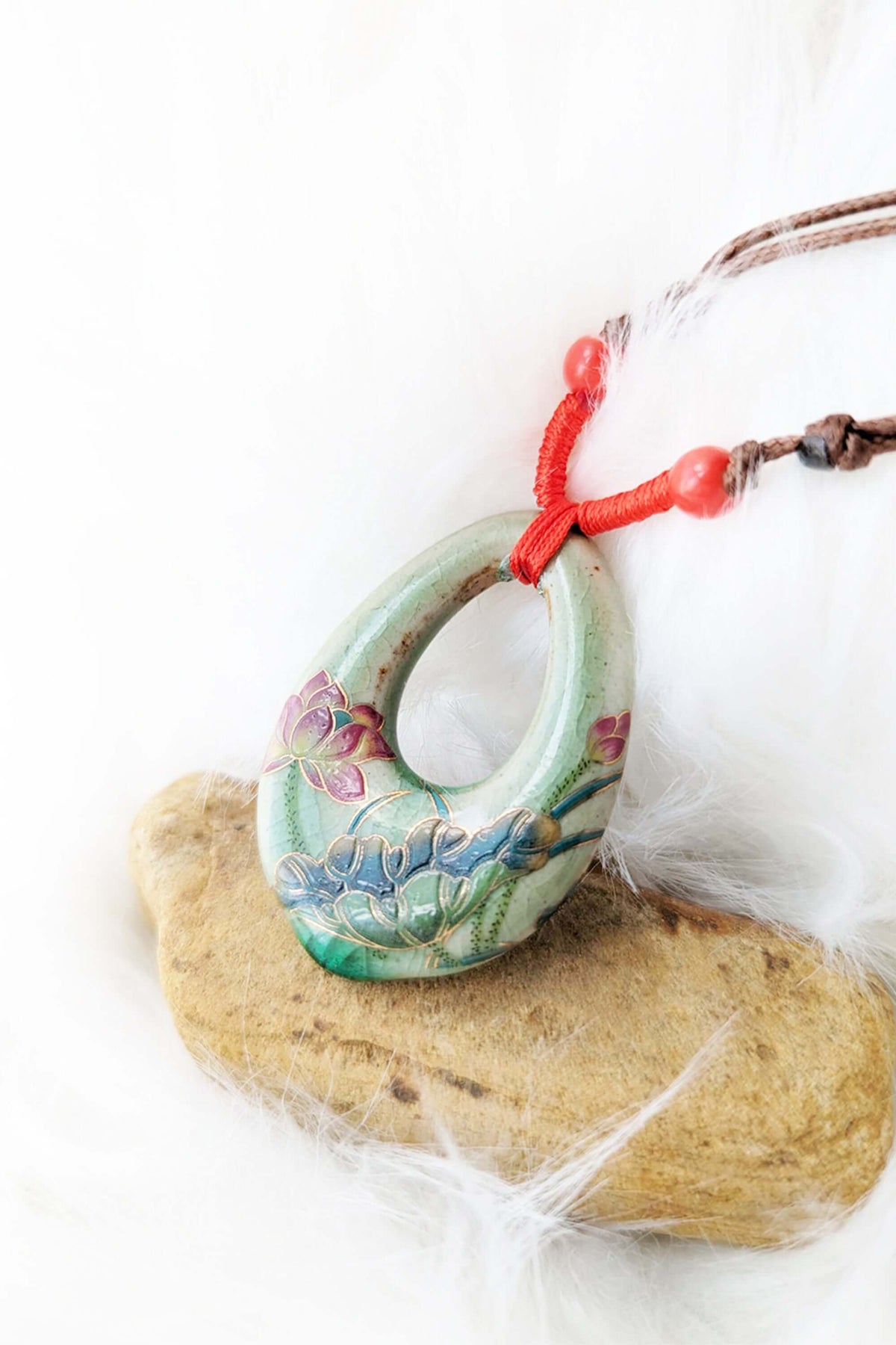 Handmade Ceramic Floral Painting Crackled Pendant Necklace, Li-Jacobs, $ 19.99