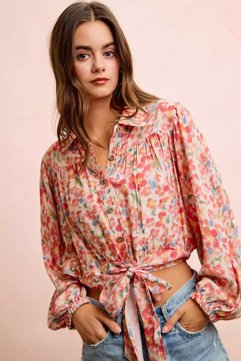Floral Print Tie Hem Detail Crop Shirt | Boutique In USA, Shirts, $ 59.00, A Moment Of Now™