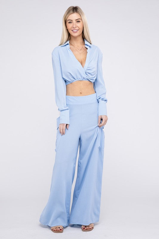 Shop Women's Sky Blue Wrapping Style Shirts & Wide Pants Set | USA Boutique, Outfit Sets, USA Boutique