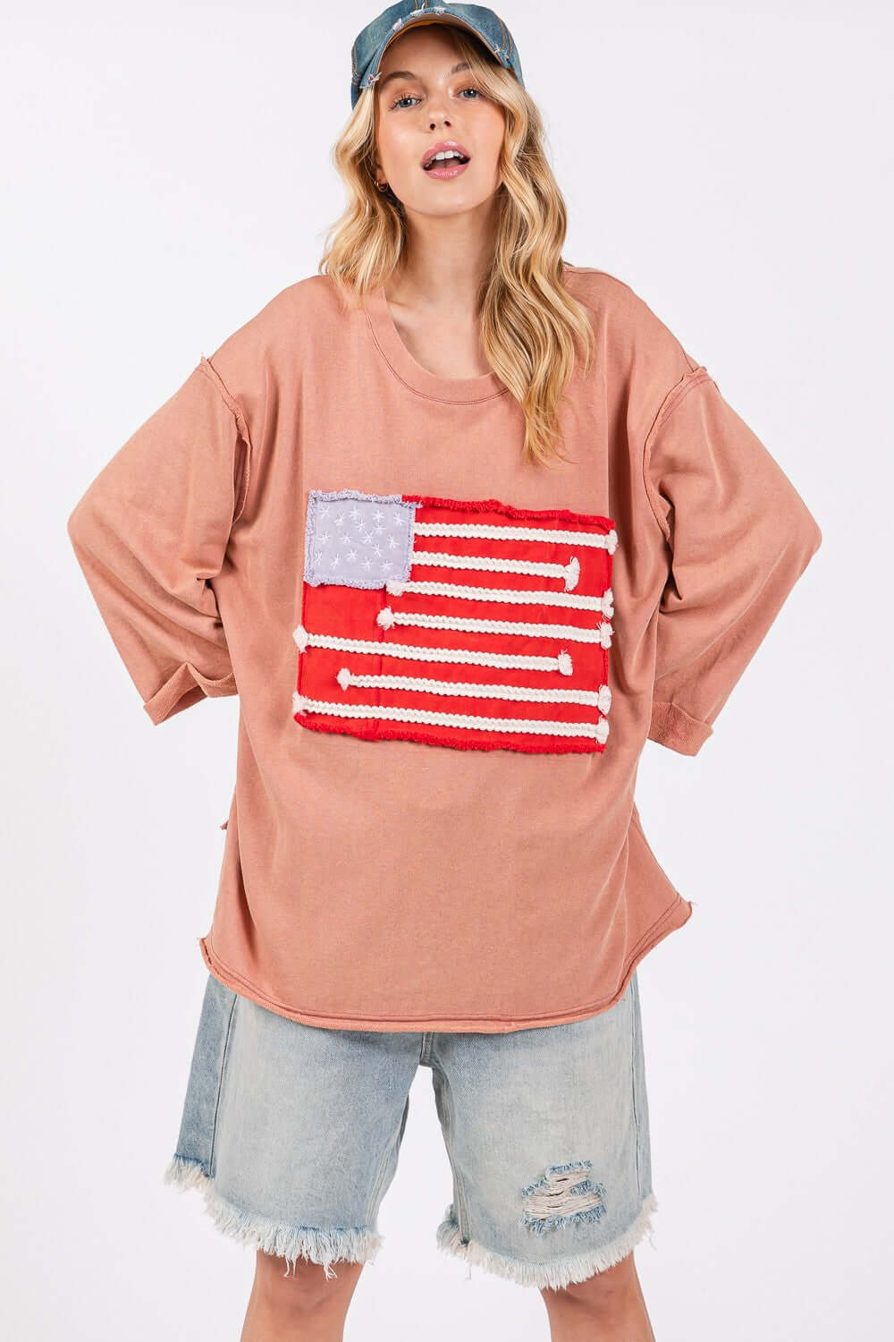 Indian Pink American Flag Patch Long Sleeve Drop Shoulder T-Shirt, SAGE + FIG, A Moment Of Now