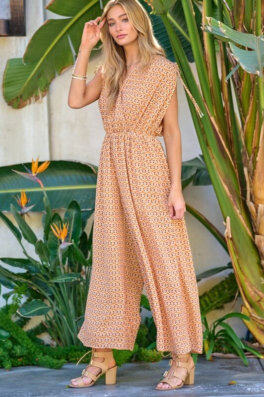 Shop Printed V-Neck Sleeveless Jumpsuit, Jumpsuits, USA Boutique