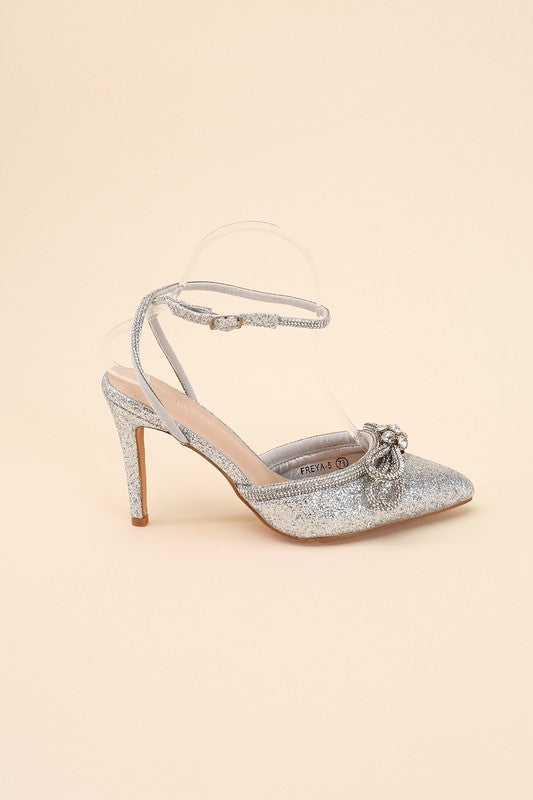 Shop Freya Point Toe Double Bow Heel in Black / Silver, Heels, USA Boutique
