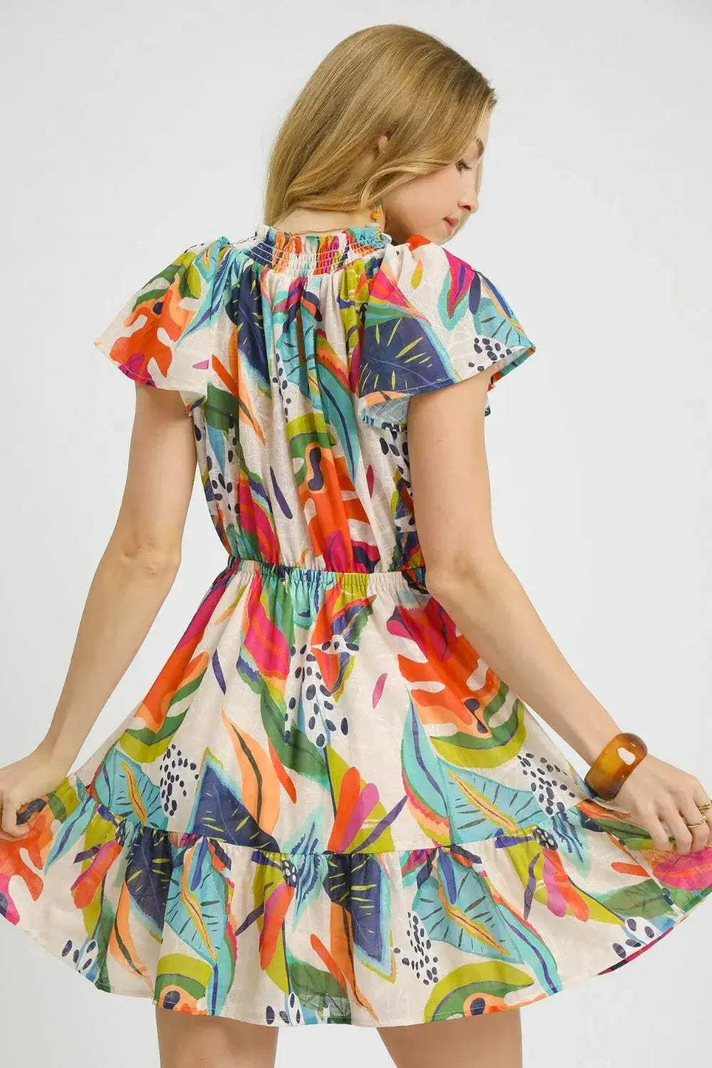 Colorful Printed Tie Neck Ruffled Mini Dress, Dresses, $ 55.00, A Moment Of Now™