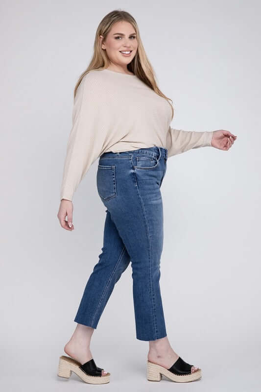 Plus Size Medium Stone Wash High Rise Slim Straight Jeans