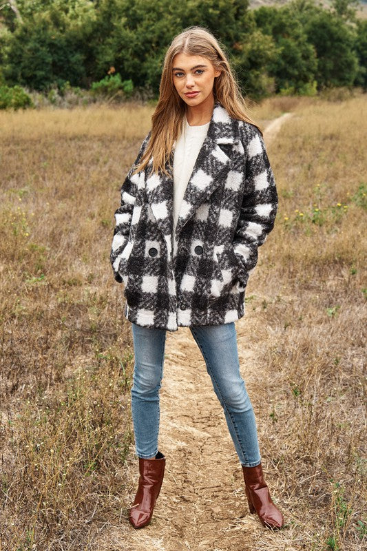 Shop Women's Fuzzy Boucle Textured Double Breasted Plaid Coat Jacket, Coats, USA Boutique