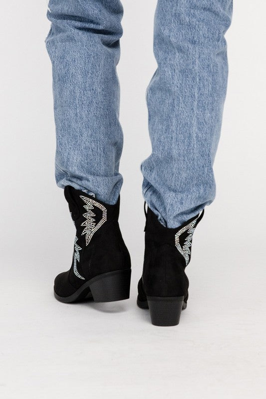 Shop Women's Ronan Rhinestone Western Ankle Boots Black / Bone White, Ankle Boots, USA Boutique