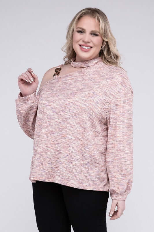 Plus Size Cute Pink Cold Shoulder Chain Decor Top