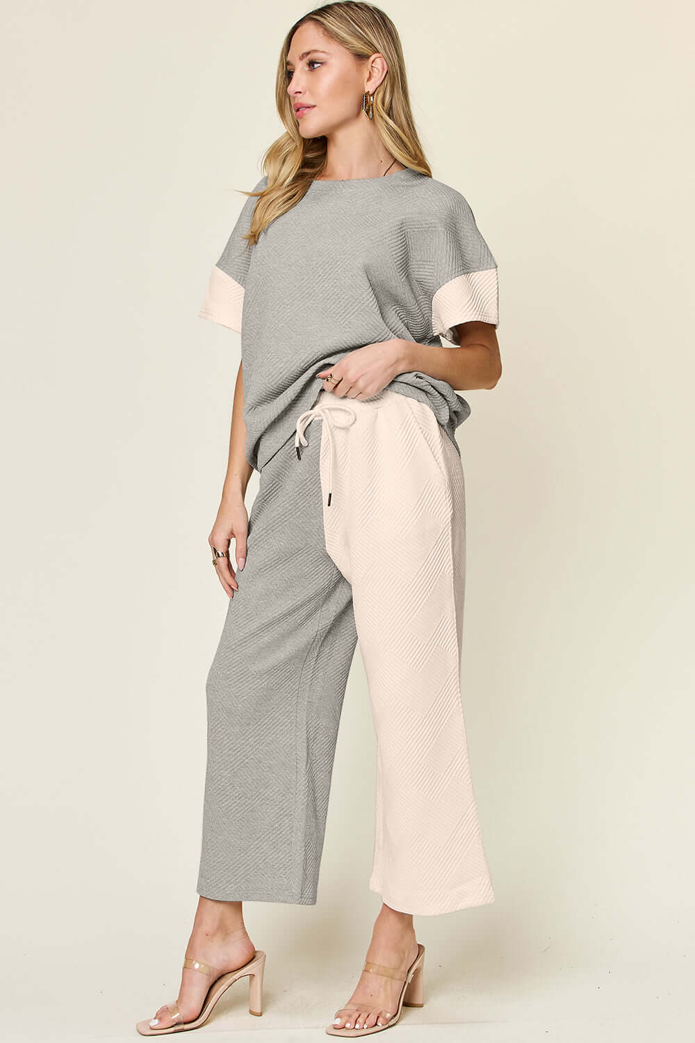 Short Sleeve Contrast T-Shirt and Wide Leg Pants Set, Double Take, A Moment Of Now