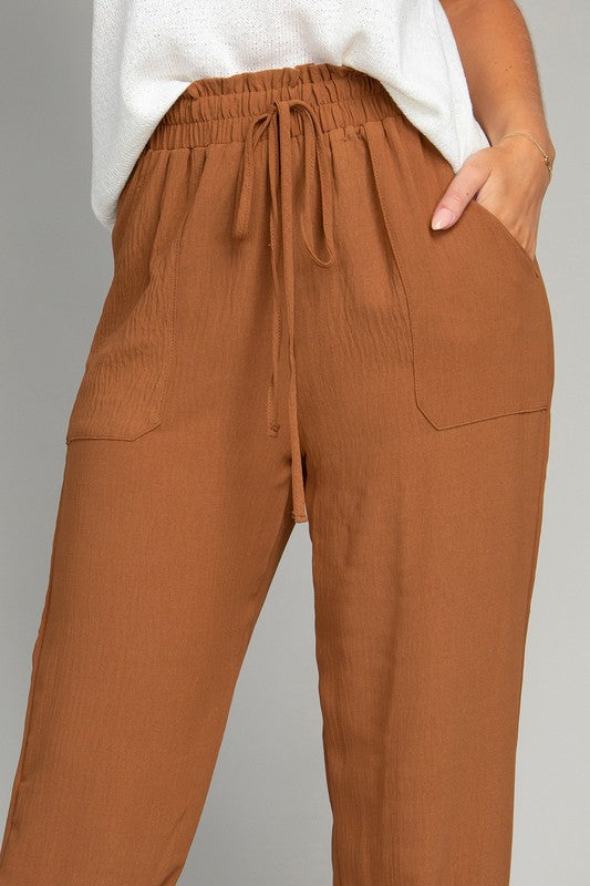 Brown Crinkled Jogger Pants with Pockets