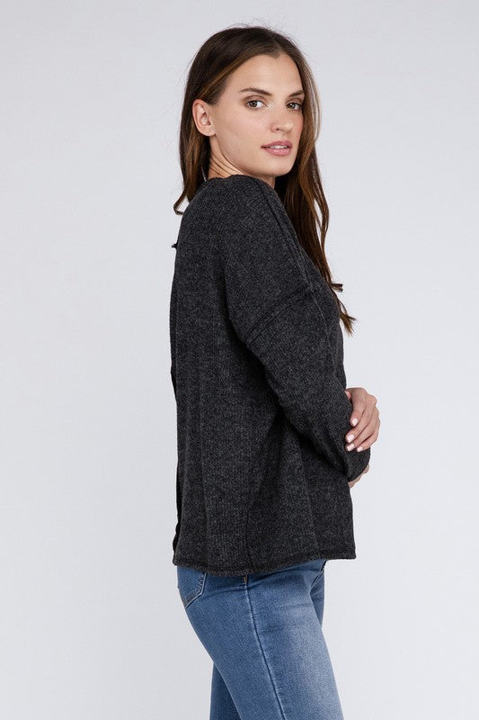 Shop Women's Ribbed Brushed Melange Hacci Sweater with a Pocket, Sweaters, USA Boutique