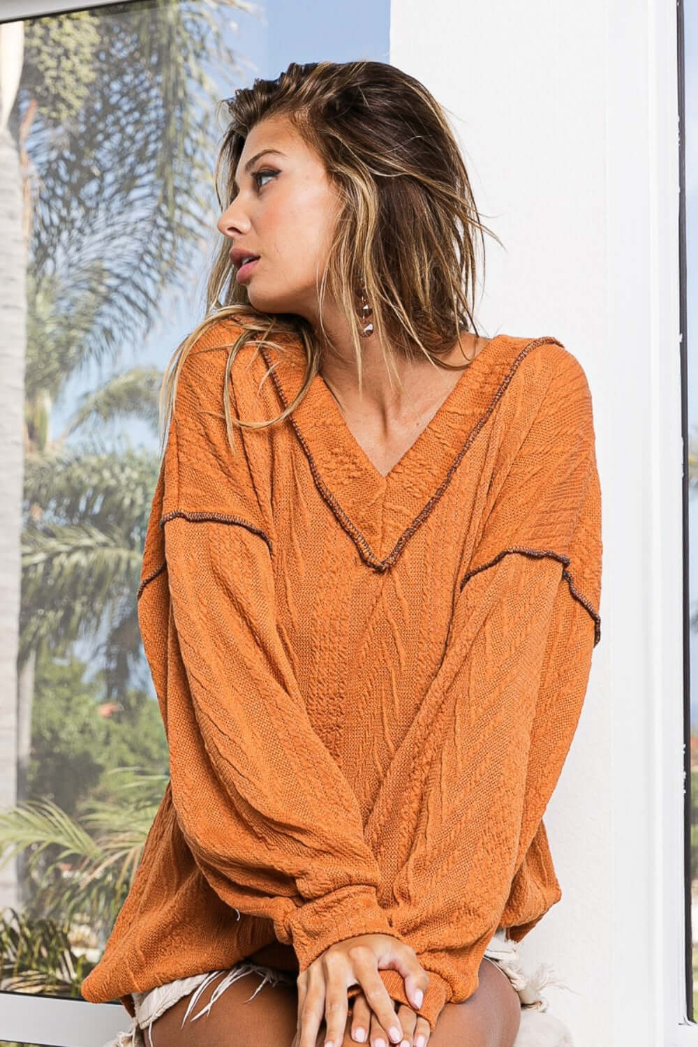 Rusty Brown Textured Exposed Seam Drop Shoulder Knit Top, Activewear Tops, $ 45.00, A Moment Of Now™