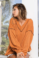 Rusty Brown Textured Exposed Seam Drop Shoulder Long Sleeve Knit Top, BiBi, A Moment Of Now