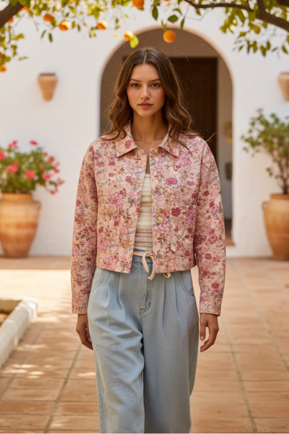 Pink Floral Print Cotton Twill Button Down Barn Jacket