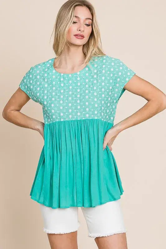 Mint Embroidered Short Sleeve Pleated Babydoll Top Plus Size, Tops, $ 25.00, A Moment Of Now™