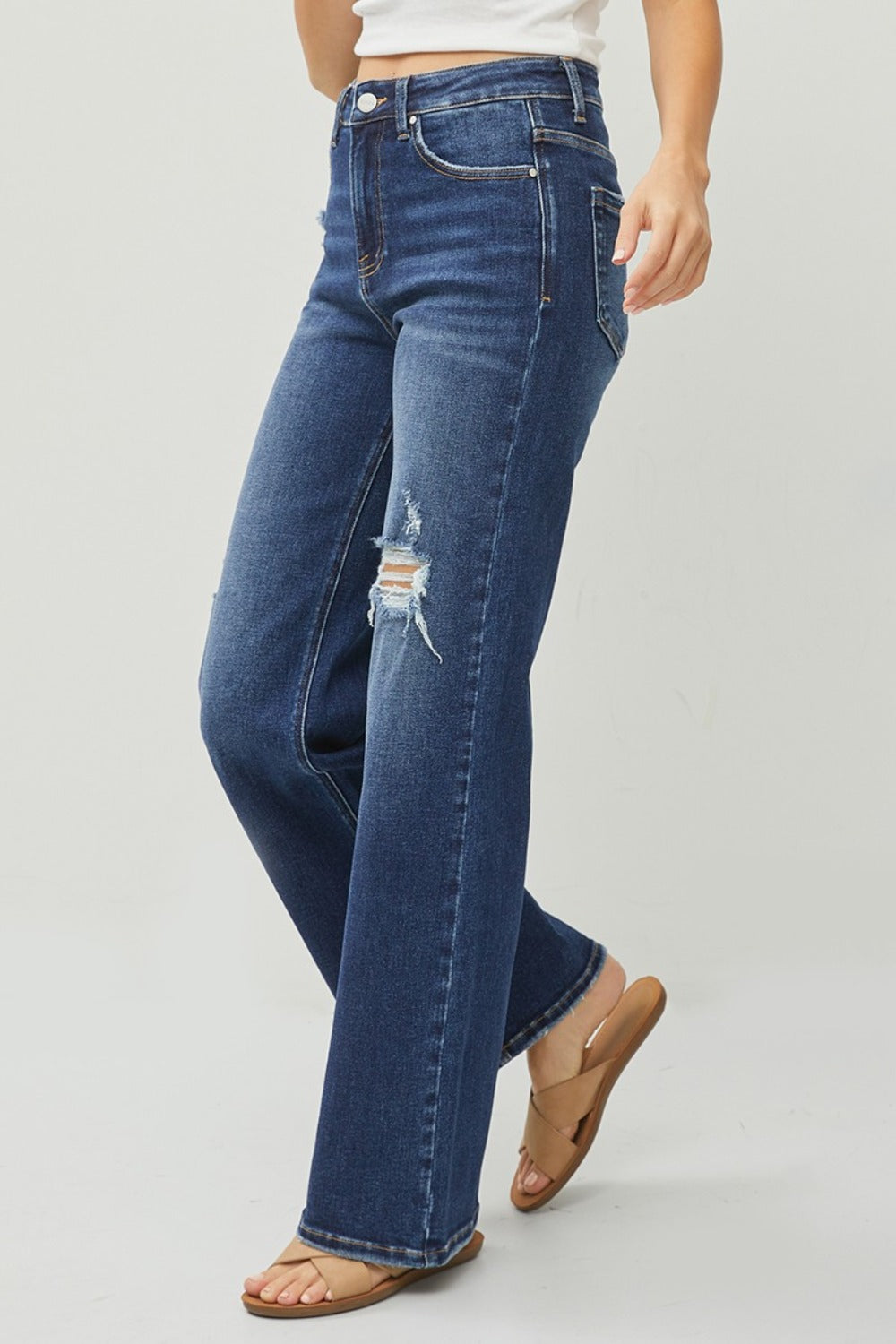 Dark Blue High Rise Distressed Wide Leg Jeans