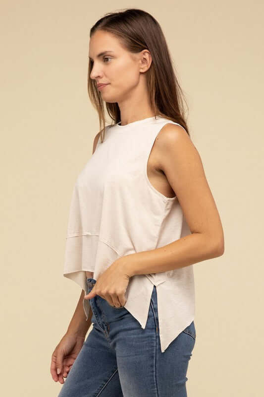 Women's Shark Bite Side Slit Short Sleeveless Top | USA Boutique, ZENANA, $ 25.95