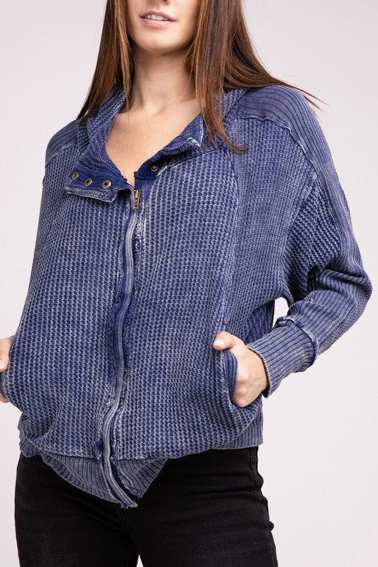 Shop Women's Acid Wash Cotton Waffle Hooded Zip-Up Jacket | Boutique Shop, Jackets, USA Boutique