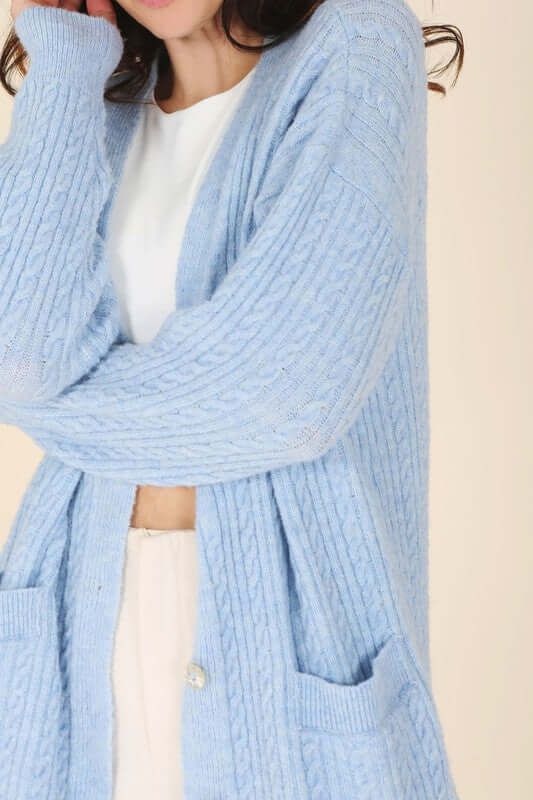 Light Blue Wool Blended Cable Knitted Cardigan