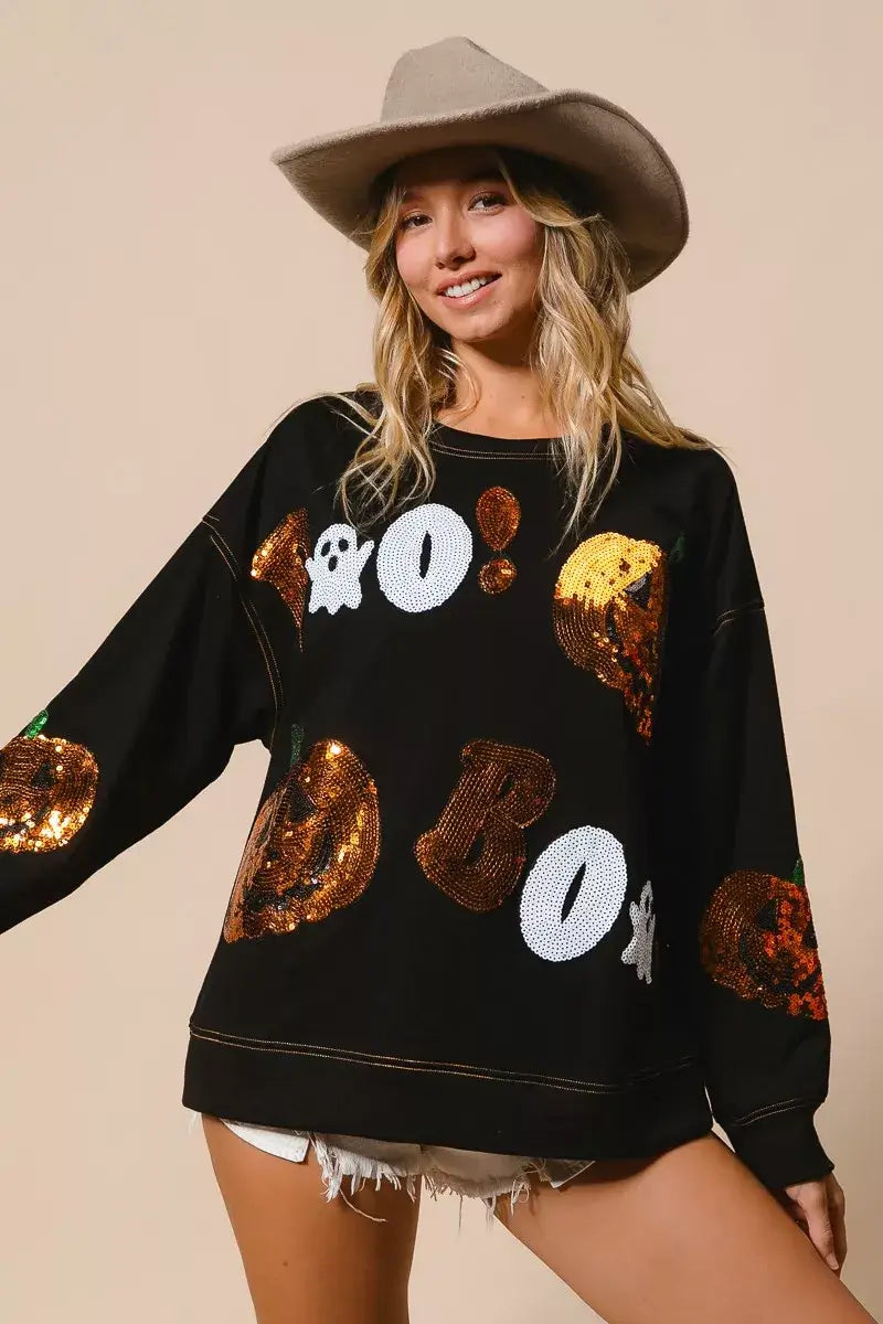 Black Halloween Sequin Embroidery Sweatshirt, Sweatshirts, $ 62.00, A Moment Of Now™