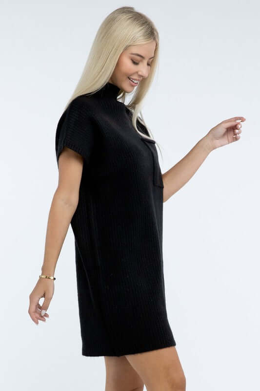 Women's Mock Neck Short Sleeve Mini Sweater Dress with Pocket, ZENANA, $ 55.00