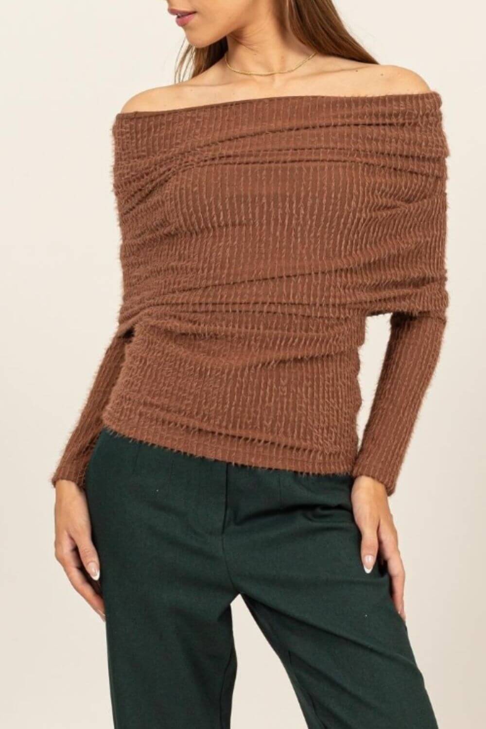 Mocha Brown Luxe Off-Shoulder Knit Top - Stylish & Comfortable, Tops, $ 35.00, A Moment Of Now™