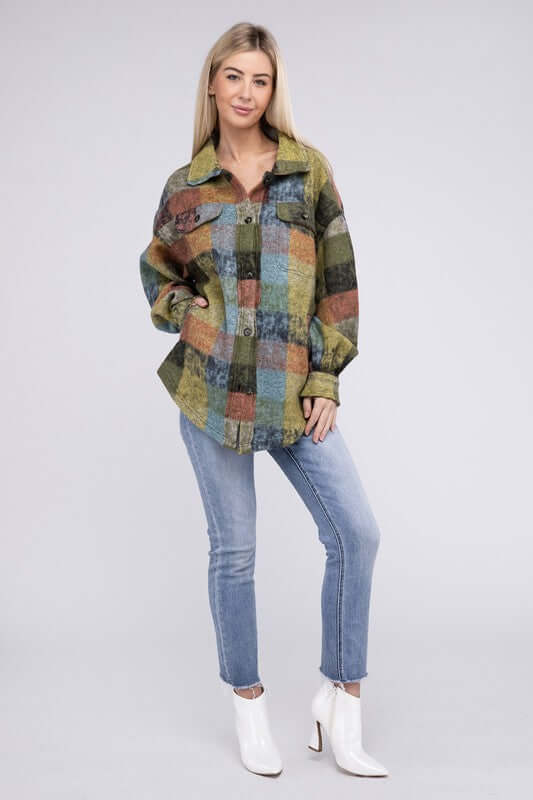 Women's Loose Fit Buttoned Down Check Shirt Jacket Plaid Shacket, BiBi, $ 55.00