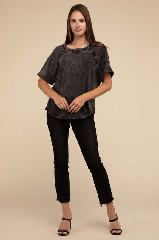 Back Patch Crinkle Washed Raglan Sleeve T-Shirt, ZENANA, A Moment Of Now