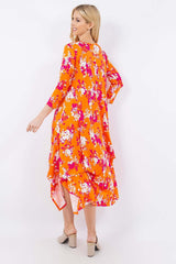 Orange Floral Pick-Up Hem Asymmetric Floral Midi Dress, Celeste, A Moment Of Now