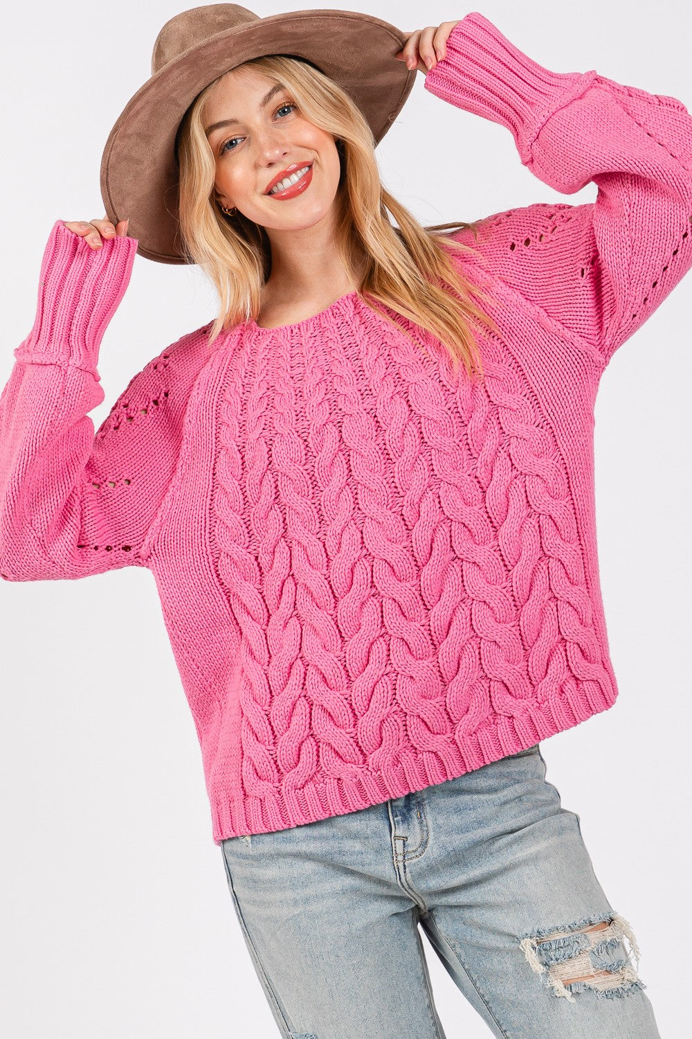 Deep Pink Cable-Knit Long Sleeve Sweater