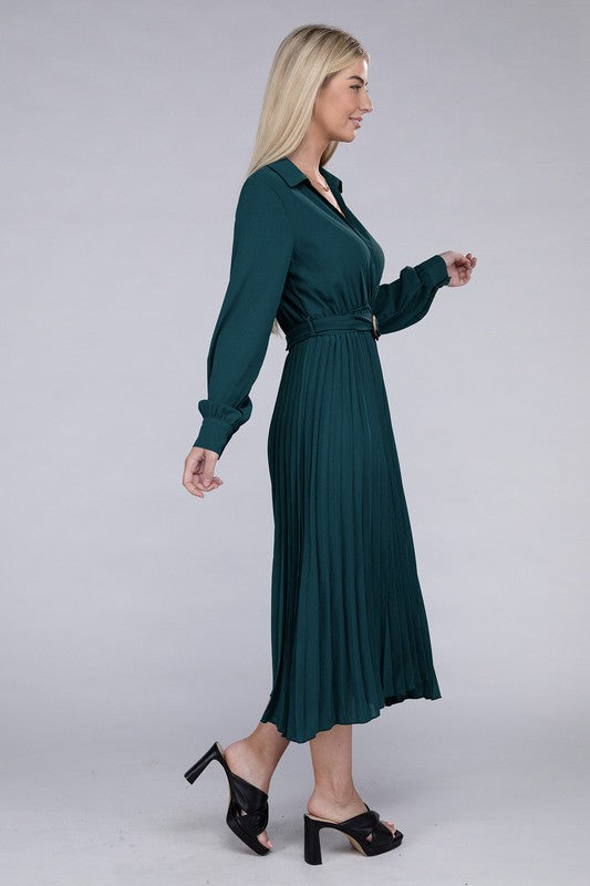 Dark Green Pleated Long Sleeve Maxi Dress with Belt