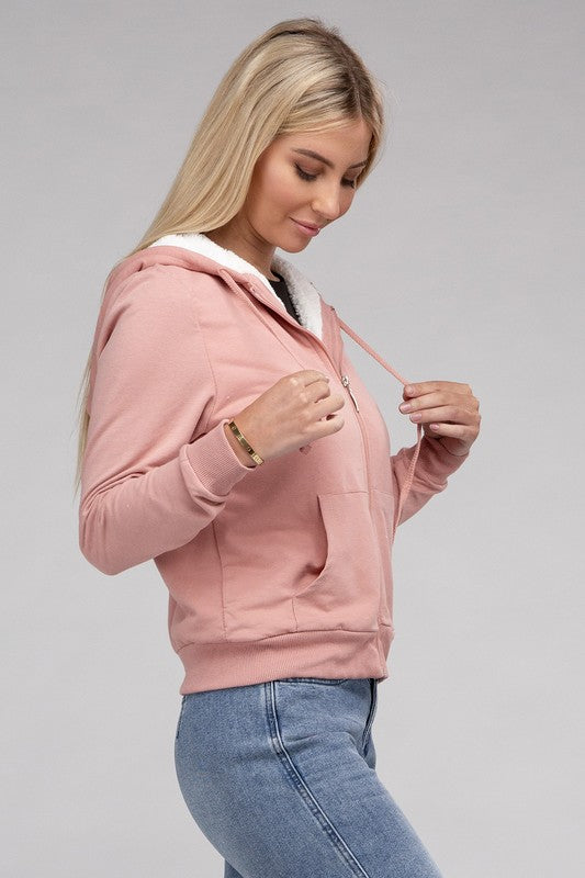 Fuzzy Trim Zip-Up Crop Hoodie Jacket