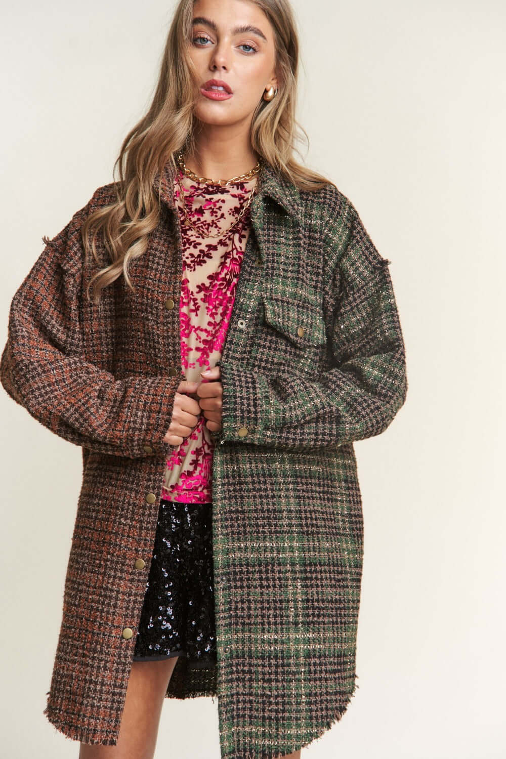 Misty Forest Green Snap Down Tweed Plaid Contrast Longline Shacket, Shackets, $ 72.00, A Moment Of Now™