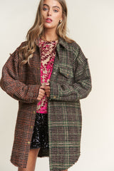 Misty Forest Green Snap Down Tweed Plaid Contrast  Longline Shacket