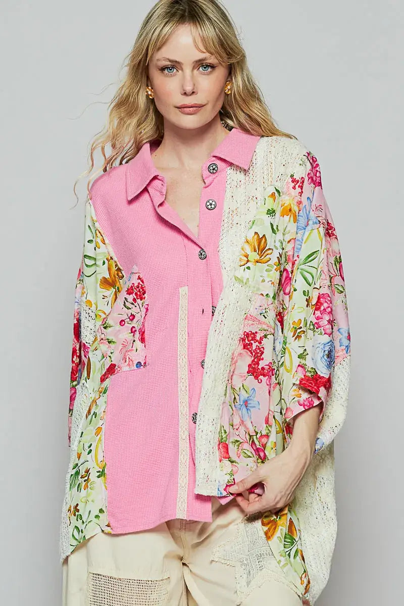 Candy Pink Thermal & Crochet Lace Mix Shirt, , $ 53.00, A Moment Of Now™