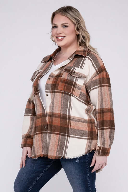 Plus Size Yarn Dyed Plaid Shirt Jacket Shacket