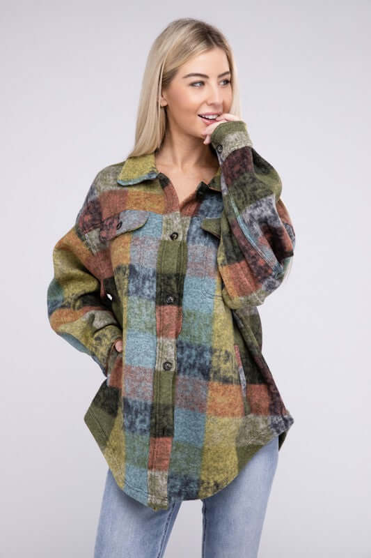 Women's Loose Fit Buttoned Down Check Shirt Jacket Plaid Shacket, BiBi, $ 55.00