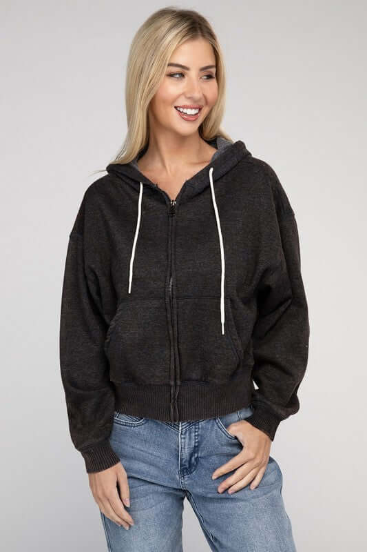 Acid Wash Fleece Cropped Zip-Up Hoodie, ZENANA, $ 49.95